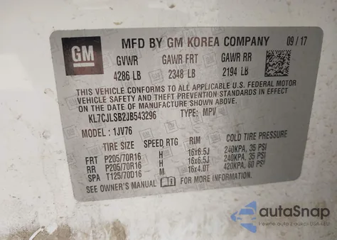 2018 Chevrolet Trax Lt из США, поврежденный, VIN KL7CJLSB2JB543296